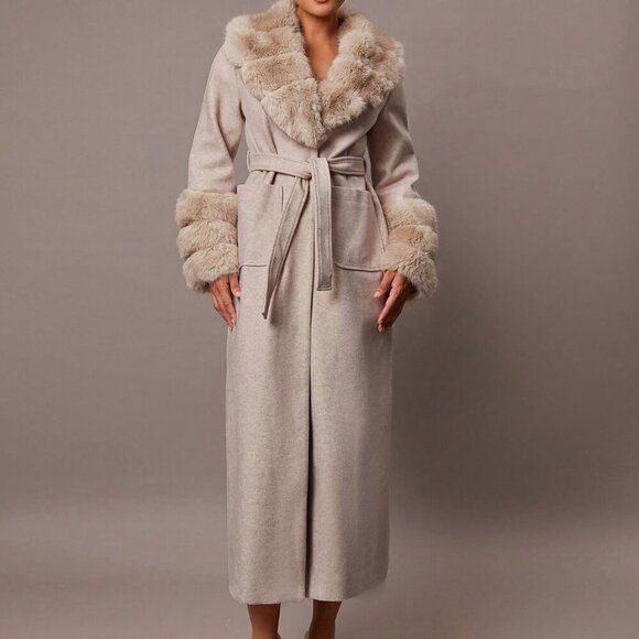 Khaki Elegant Womens Warm faux Fur trimmed belted Jacket Coat - Picture 7 of 7